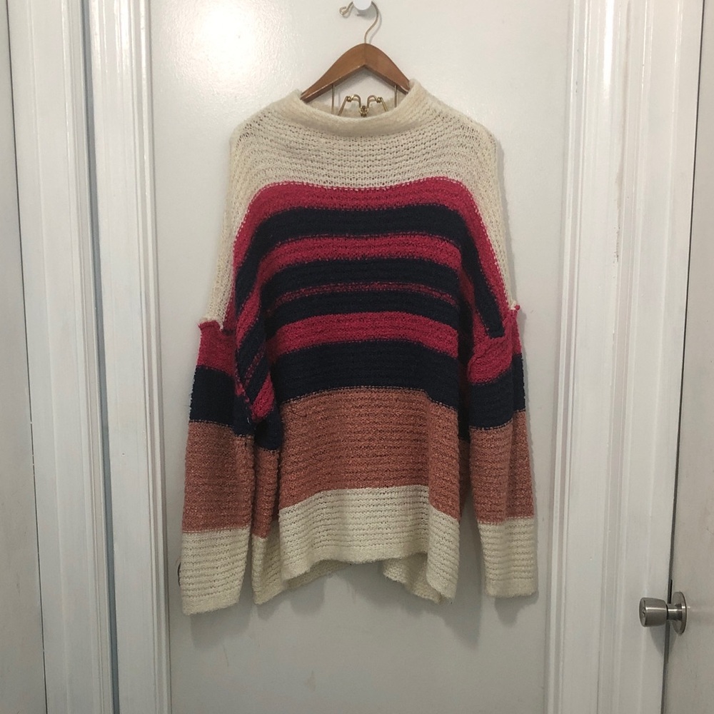 True Craft Women's Striped Cowl Neck Sweater - Cream, Pink, Navy